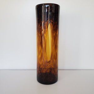 Hand Blown Tortoise Shell Design Tall Cylinder Vase VTG Art Glass Amber Brown